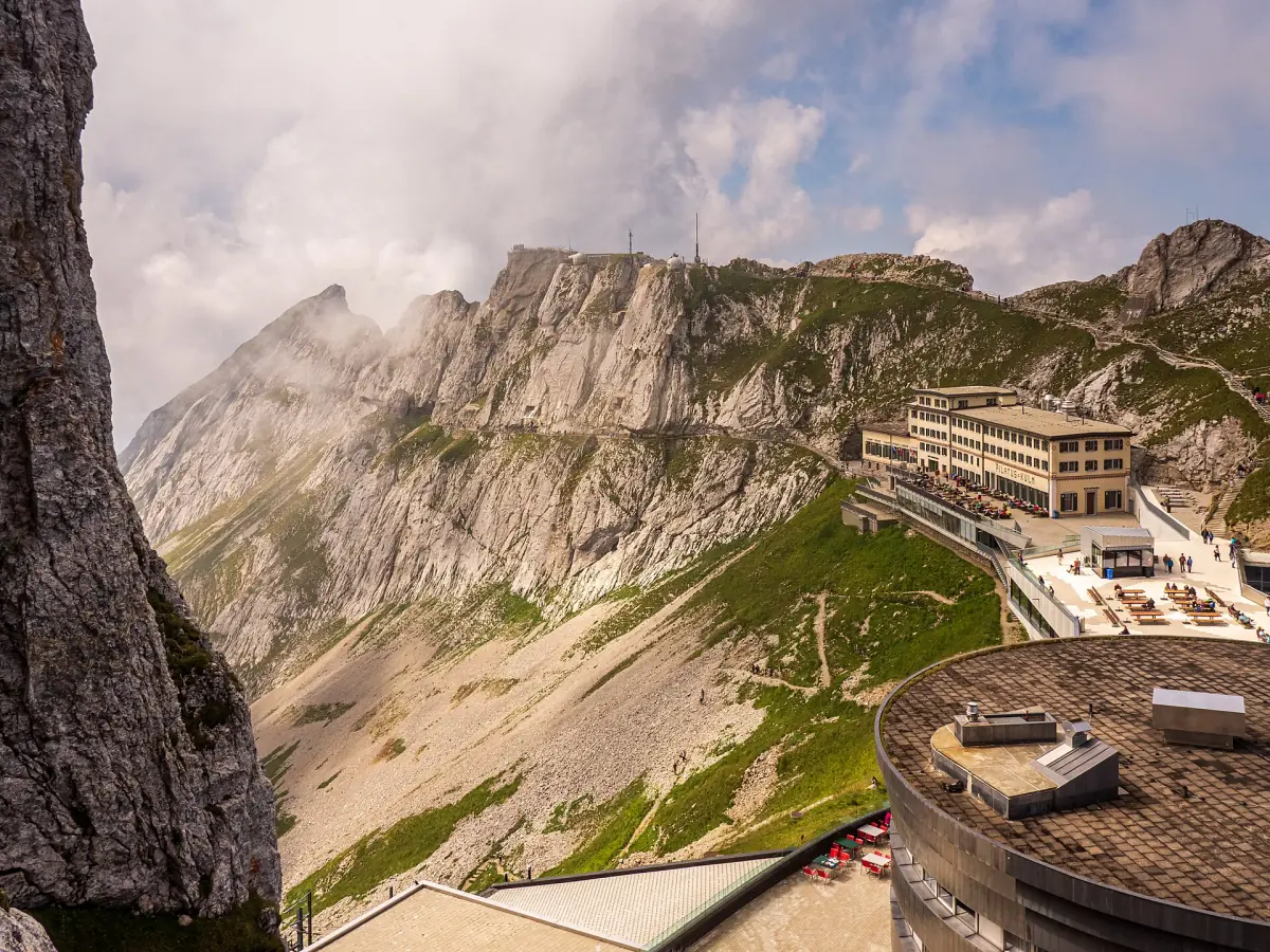 The hotels and terraces at Pilatus Kulm below the summit rocks