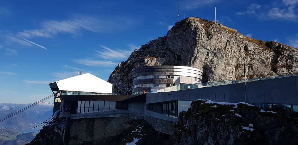 The round hotel building at Pilatus Kulm in front of the summit