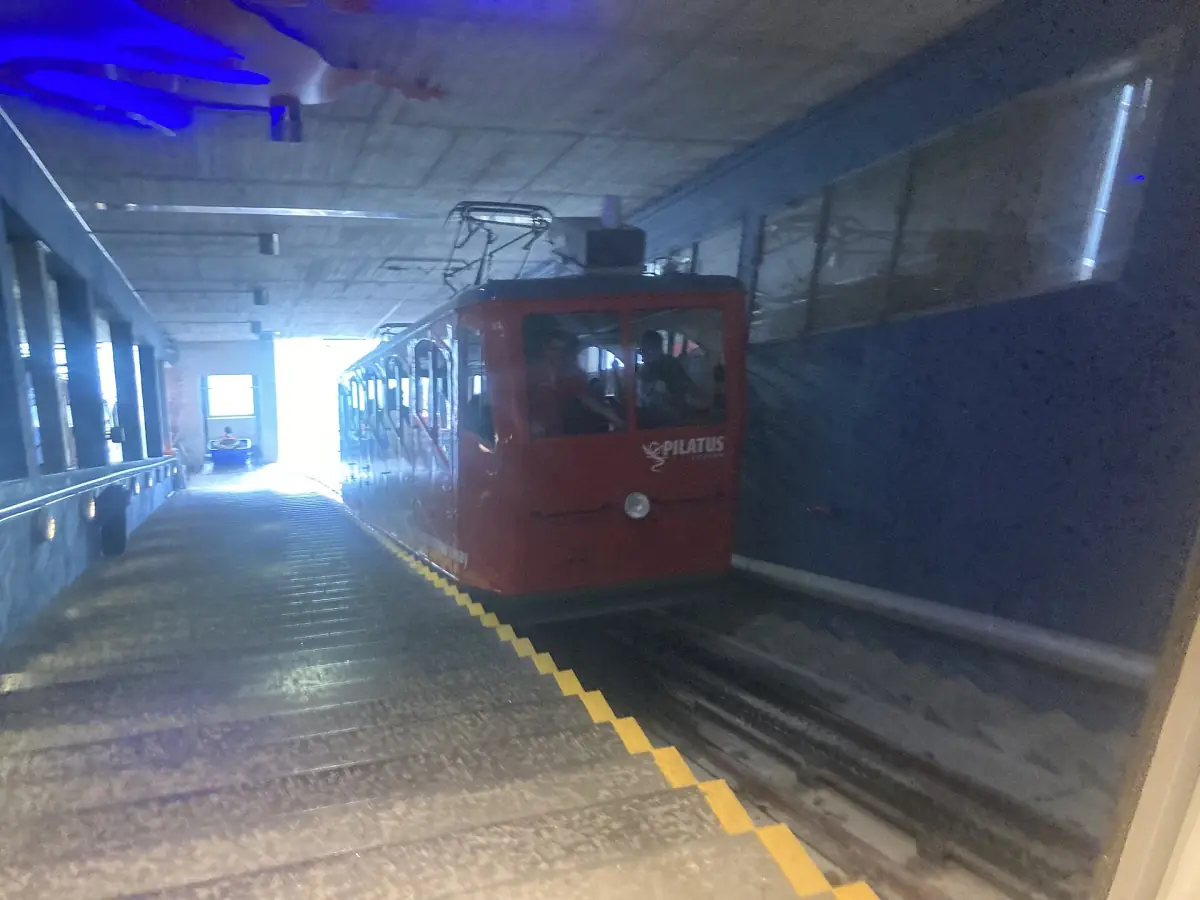 A cogwheel railcar at the top station on Pilatus